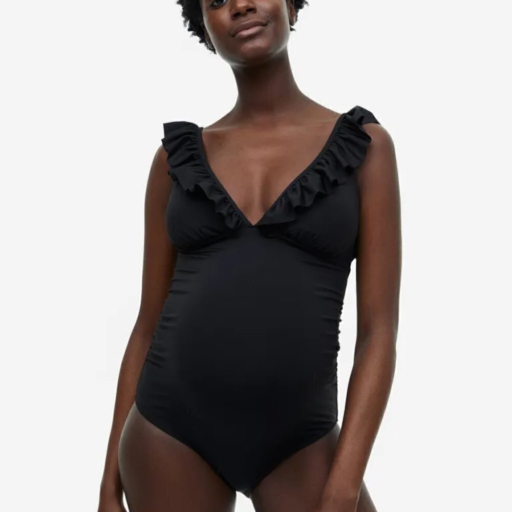 H&M Mama Ruffle Trimmed One Piece Swimsuit Black Size XL